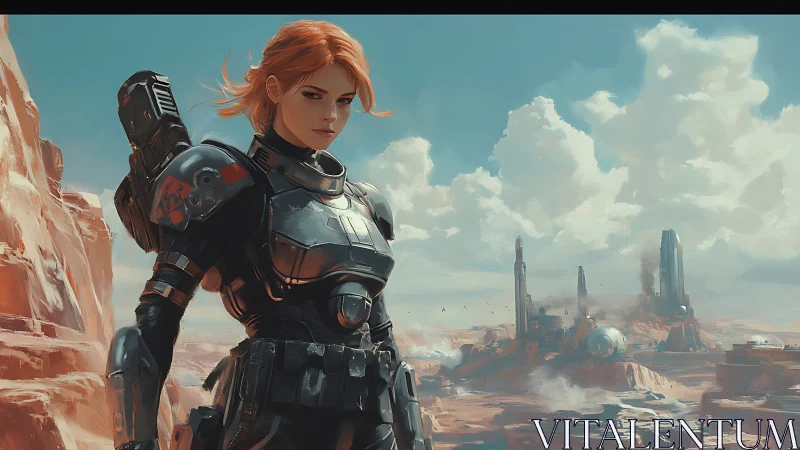 Armored redhead sentinel guarding a sci-fi desert outpost.