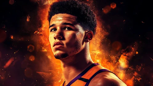 Flame crowned hooper studies the court through molten light