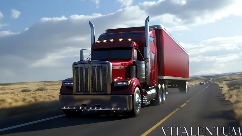 Red highway semi truck powering through open rural landscape.