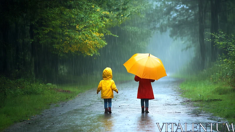 Child and Adult Walking Forest Path During Heavy Rain