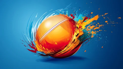 Dynamic orange cricket ball with explosive color splashes.