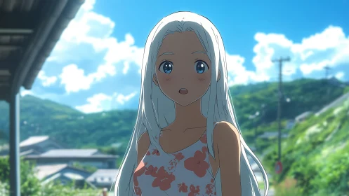 Summer hillside moment with silver-haired anime girl gazing.