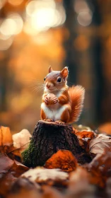 Red squirrel holding nut on stump in sharp autumn forest