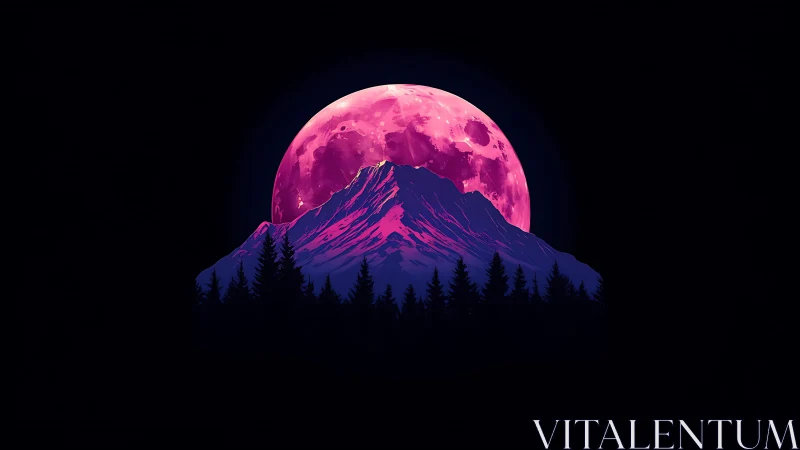 Neon moonrise behind purple mountain and dark pines.