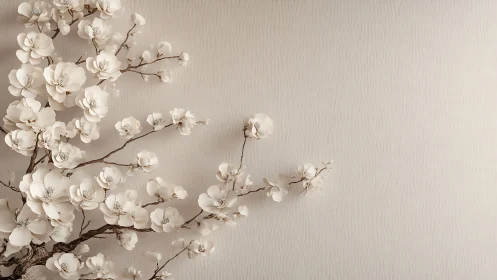 Elegant white cherry blossom branch on minimalist beige wall art.