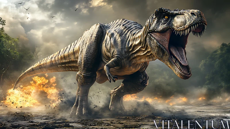 Rampaging Tyrannosaurus Rex in explosive jungle environment.