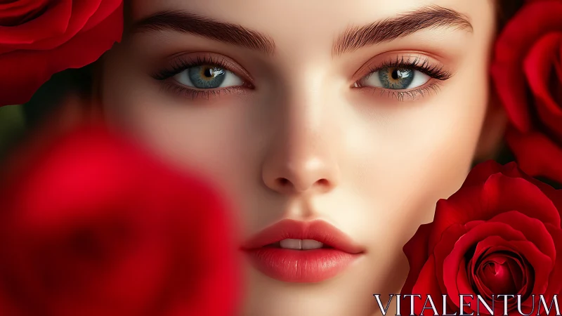 Portrait entwined with scarlet roses in hyperreal detail.