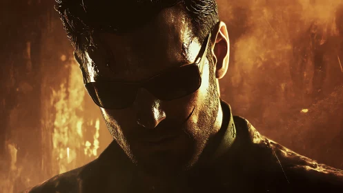 Brooding cybernetic agent against molten light backdrop.