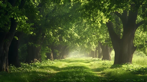 Luminous forest aisle with axial tree alignment in dawn haze.