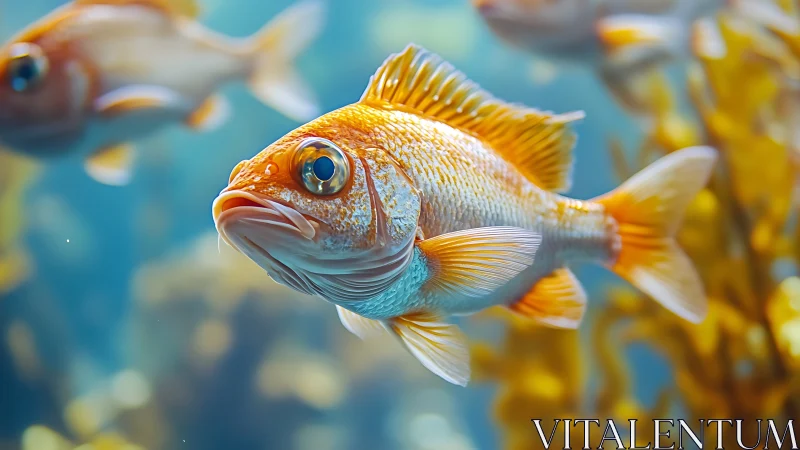 Orange reef fish swimming in blue ocean water scene.