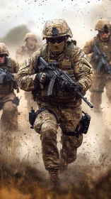 Dust-charged soldiers surge forward through battlefield haze.