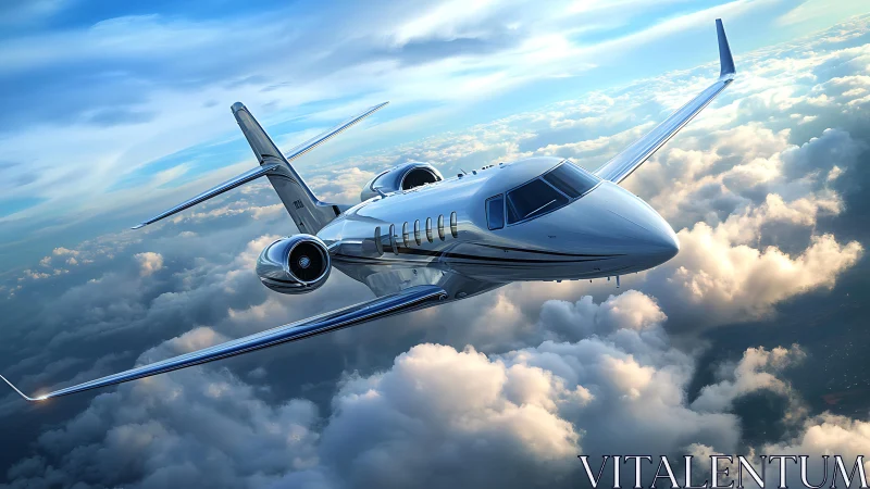 Private business jet cruising above dense cloud layer view.