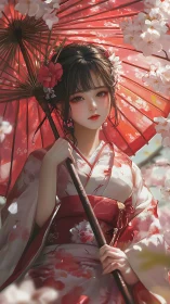 Kimono-clad woman holds red parasol amid cherry blossoms