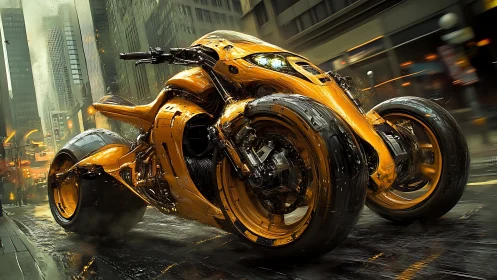 Futuristic three wheeled motorcycle on wet urban street.