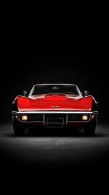 Front view shows red classic sports car under dark lighting