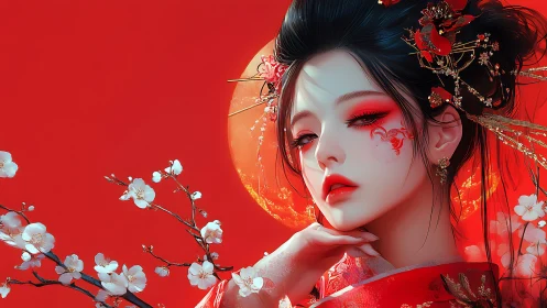 Digital portrait of woman in red kimono with blossoms.