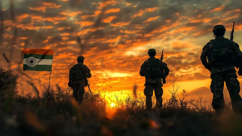 Indian soldiers silhouetted against blazing sunset sky.