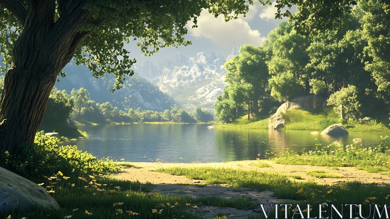 Sunlit lake basin rendered with soft atmospheric perspective