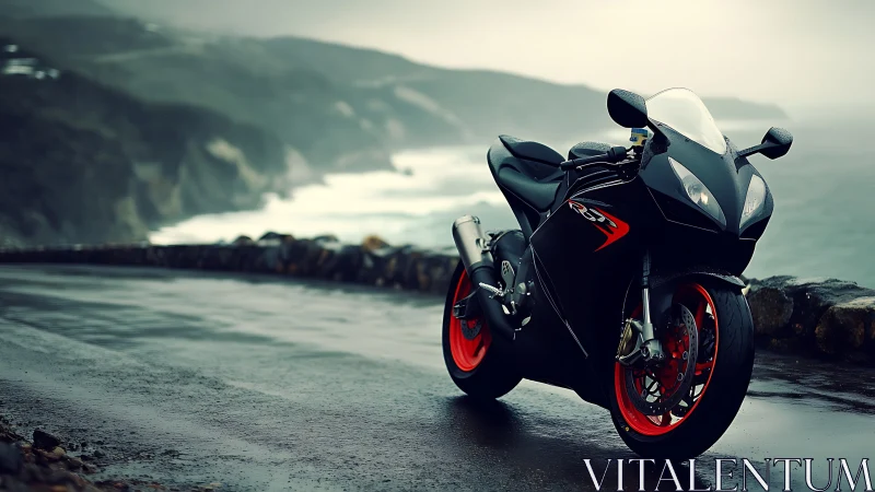 Sleek sport motorcycle pauses on a misty ocean cliff road