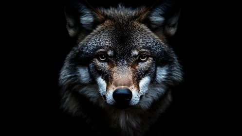 Wolf portrait emerges from darkness with piercing gaze