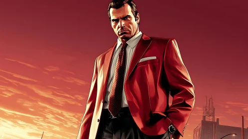 Sunset skyline frames a confident man in a red suit