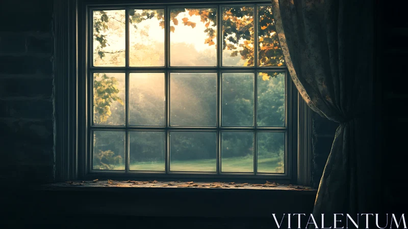 Golden sunrise through old cottage window frame.