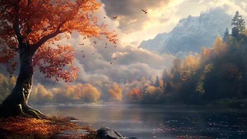 Autumn river valley under snowcapped mountains at sunrise