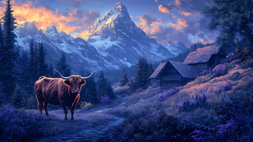 Highland cow in blue-hour alpine valley with chalet cabins and snow