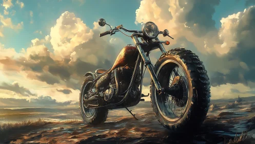 Rustic custom motorcycle under dramatic sunset sky.