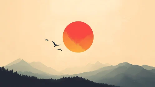 Minimalist gradient sun over layered alpine silhouettes