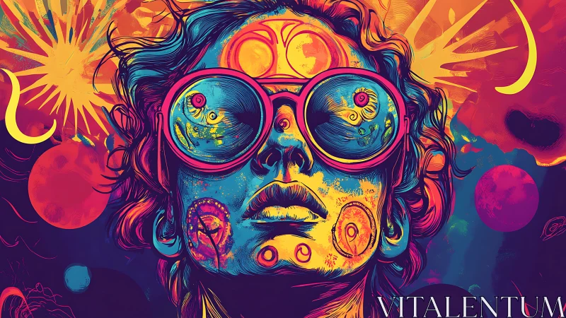Psychedelic portrait with celestial reflections in glasses.