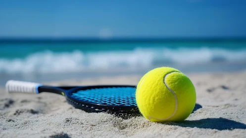 Tennis ball and racket on sunlit shoreline sand.