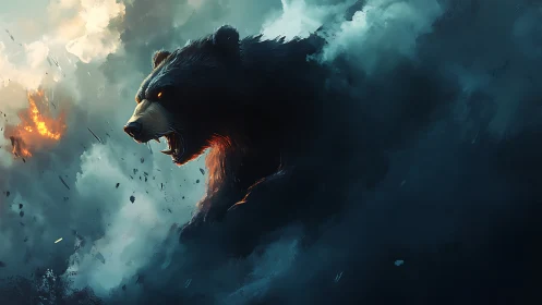 Storm-forged bear spirit roars through swirling battle clouds