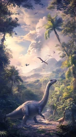 Gentle dinosaurs wandering through a sunlit jungle valley.