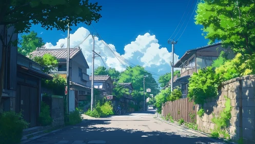 Residential Japanese street under clear blue midday sky.