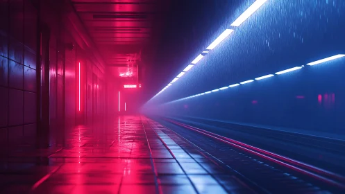 Cyberpunk subway corridor rendered in neon magenta and cyan light