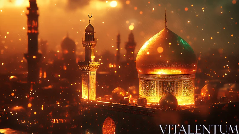 Golden domed skyline glows warmly against a soft night sky