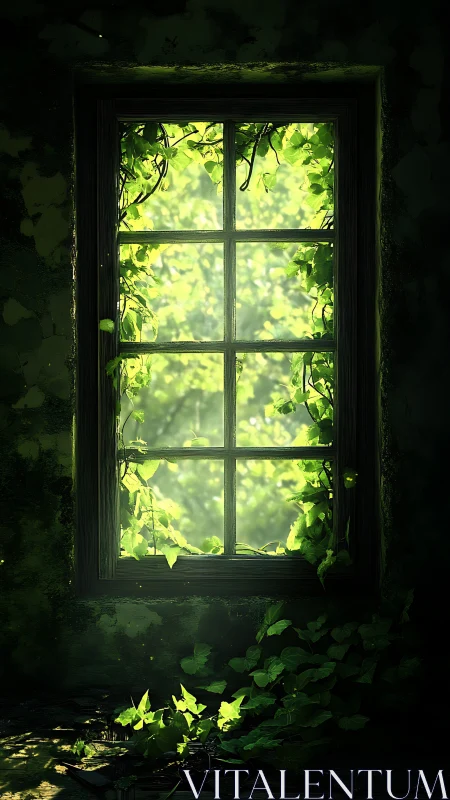 Sunlit ivy climbs an old window in a quiet green room
