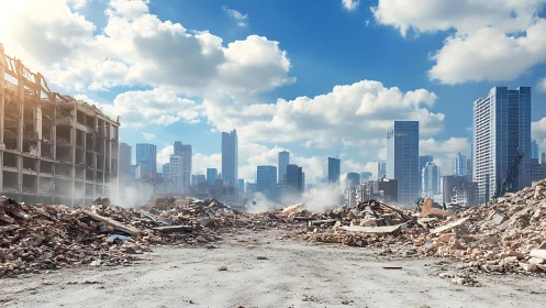 Urban demolition site with rubble foreground and skyline.