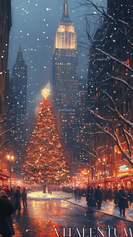Snowlit city plaza with towering Christmas tree glow.