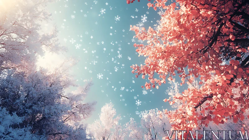 Snowflakes drift between pastel winter trees under soft light