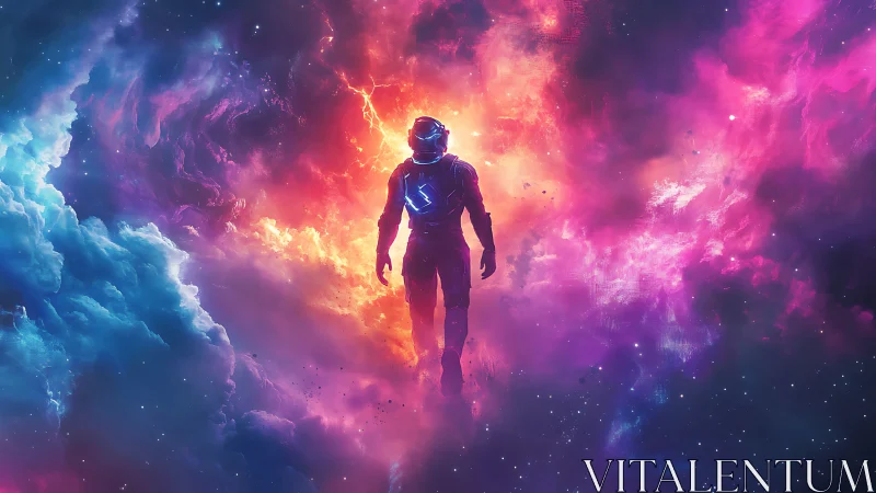 Solitary astronaut silhouette floats within luminous nebula