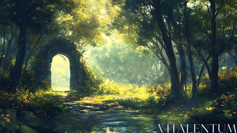 Luminous Forest Archway: Digital Landscape with Radiant Canopy Filtering