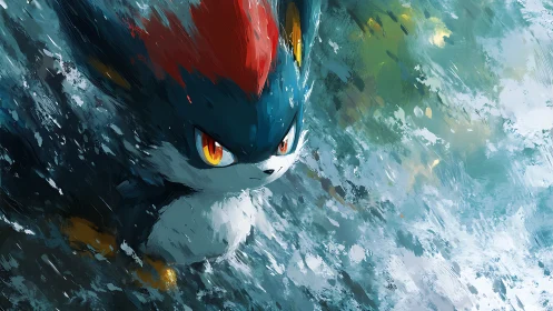 Storm-slicked creature charges through swirling color seas.