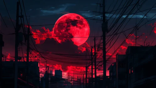 Crimson moonrise glowing above quiet city power lines.