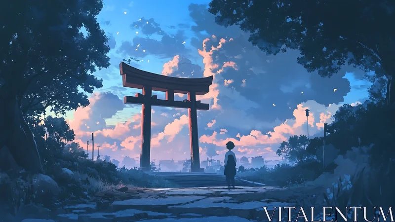 Anime shrine gate vista with atmospheric sky composition.