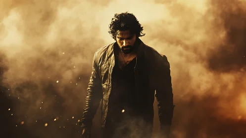 Brooding male silhouette strides through cinematic smoke.