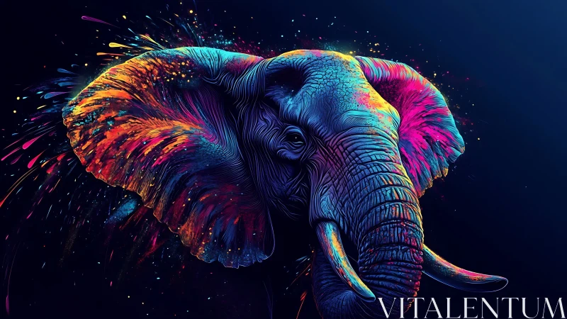 Color-splashed elephant emerges boldly from a cosmic night