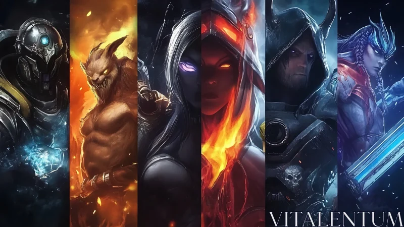 Elemental fantasy heroes aligned in segmented cinematic portrait strip