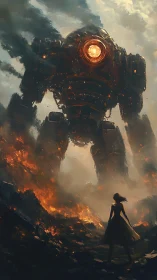 Ember crowned giant pauses as lone silhouette refuses retreat